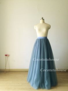 Dusty Blue Soft Tulle Skirt /Dusty Blue Adult by CocoTutuhouse Blue Tulle Bottoms For Spring, Spring Blue Tulle Bottoms, Blue Tulle Party Bottoms, Blue Tulle Maxi Skirt For Party, Blue Tulle Party Maxi Skirt, Party Blue Tulle Maxi Skirt, Blue Long Tulle Skirt, Blue Full Tulle Skirt, Blue Tiered Tulle Skirt