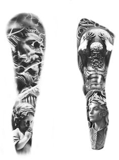 an arm sleeve with tattoos on it and two different images of the same person's body