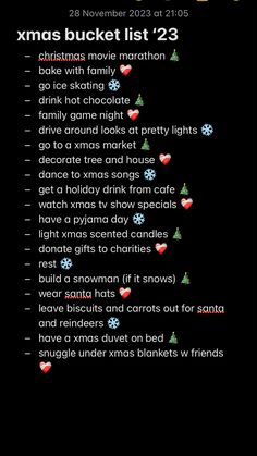 the christmas bucket list is displayed in this screenshote image, with text below it