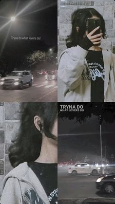 a collage of photos with cars and people in the street at night, including a woman taking a selfie