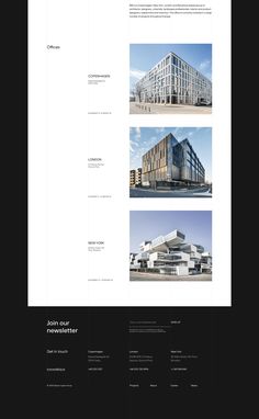 the front page of an architectural website with multiple images and text, including two different buildings