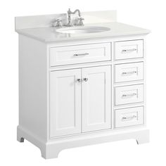 a white bathroom vanity with drawers and a sink on it's side, isolated against a white background