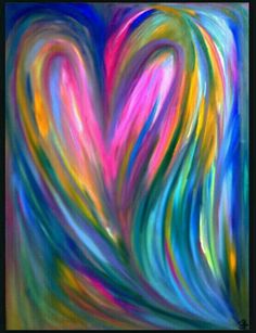 an abstract painting with multicolored lines in the shape of a heart on a black frame