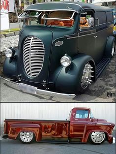 two pictures of an old truck with chrome rims, and the same one in color