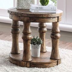 Mika CM4424A-E End Table By Furniture Of AmericaBy sofafair.com Style End Table, Oak End Tables, Farmhouse End Tables, Floor Shelf, Round End Table, Wooden Table Top, Round Table Top, Solid Wood Flooring, Wood End Tables