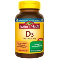 Nature Made Vitamin D3 1000 IU Tablets (25 mcg) offer an easy way to add Vitamin D supplements to your daily routine to support bone, teeth and muscle health. Sourced from high quality ingredients, these Nature Made Vitamin D tablets are dietary supplements with no color added and no artificial flavors. Each Vitamin D3 1000IU tablet supports a healthy immune response and aids in calcium absorption. Vitamin D is a common nutrient shortfall. D3 vitamin is the body's preferred form of Vitamin D to Folic Acid Tablets, Nature Made Vitamins, Hair Styles Accessories, Carb Blocker, Vitamin D Supplement, Teeth Health, Vitamin B Complex, Vitamins And Supplements, Vitamin D3