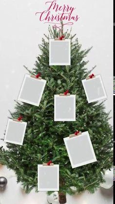 a christmas tree with four pictures hanging from it's sides and the words merry christmas on