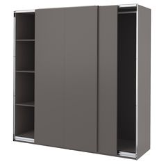 an open cabinet with two doors and shelves on each side, in front of a white background