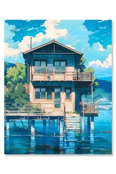 a painting of a house sitting on top of a body of water next to a dock