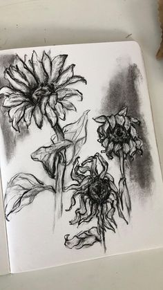 a drawing of three sunflowers sitting on top of a white table next to a piece of paper