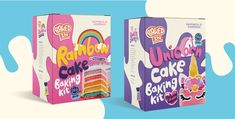 two boxes of rainbow cake next to each other on a blue and white background with clouds