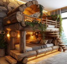 a bed made out of logs with plants growing on the top and bottom bunks