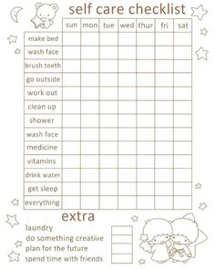 a printable self care checklist for kids with animals and stars on the background