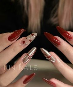 valentine nail inspo, gel x nails, red nail design Dark Red Nails Valentines, Red Valentines Nails 2024, Aura Valentine Nails, Red Stiletto Valentines Nails, Red Coquette Nail Ideas, Red Nail Designs, Valentines Nails, Red Nails, Nail Inspo