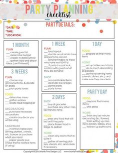 a party planning checklist with confetti and dots in the background, on a white