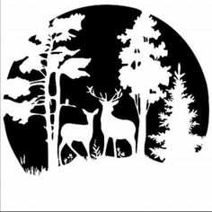 the silhouette of two deers in front of trees