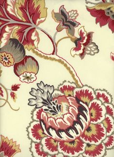 an image of a floral pattern on fabric or paper with flowers and leaves in red, yellow, grey and white colors