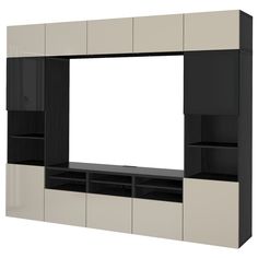 a white and black entertainment center with shelves