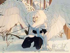 an angel sitting in the snow with its wings spread