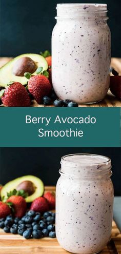 berry avocado smoothie in a mason jar with strawberries and blueberries