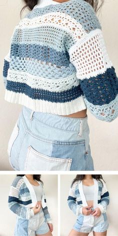 two pictures of the same woman's sweater, one in blue and white with an open