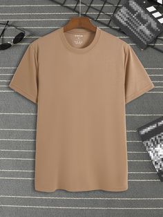 Khaki Casual Collar Short Sleeve Fabric Plain  Embellished Slight Stretch  Men Clothing Elysium Aesthetic, Beige T Shirts, Saint Teresa, Men Cream, Brown Tshirt, Shirt Print Design