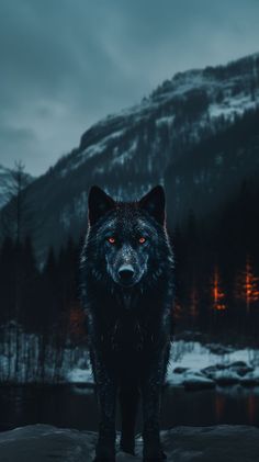 a black wolf standing on top of a snow covered ground