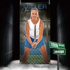 a woman holding a tennis racquet on top of a poster