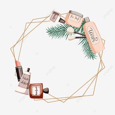 cosmetics products arranged in a geometric frame on a white background with pine leaves and branches