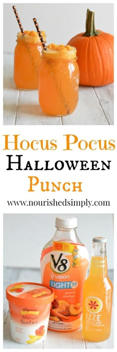 the ingredients to make halloween punch are shown in this collage with pumpkins and orange juice