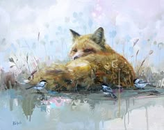 a painting of a fox laying on the ground next to water and birds around it