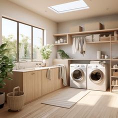 a washer and dryer in a room with wooden flooring, open shelving