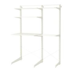 three white shelving units with four shelves on each side and one shelf in the middle