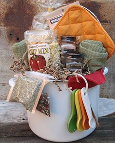 a white bucket filled with lots of different items