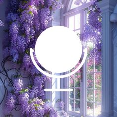 an image of a window with purple flowers on the outside and white circle in the middle