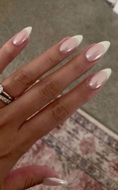 Nail Inspo For A Black Dress, Gel Nail Designs Pearl, French Almond With Chrome, French W Chrome, Pearly White Almond Nails, Pearl White French Tip Nails, Frosty White Nails, White Chrome French Tip, Pearl French Nails