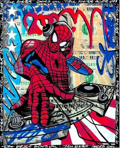 a drawing of a spiderman dj playing music