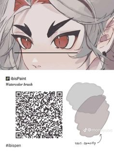 an anime character with grey hair and red eyes, has a qr code on it