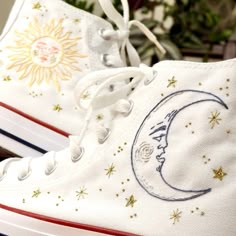 These custom trainers take the classic Converse high tops and transform them into unique pieces of wearable art. I only purchase 100% genuine shoes from the official converse website. I then use high quality embroidery thread to embroider the outsides of each shoe with my sun and moon design. I use metallic thread to embroider specific parts of this design to really make the stars twinkle and the moon glow! Sizes are in standard woman UK sizes. **Because each pair of trainers are made to order I do not provide refunds if the shoes do not fit, so be sure that you have ordered the correct size.** Please check my processing times before placing an order as it can vary depending on my current workload. However, if you need them in a quicker time frame then don't hesitate to send me a message t Embroidered Moon, Chucks Shoes, Embroidery Converse, Converse Embroidery, Cool Converse, Converse Design, Moon Embroidery, Embroidered Sun, Classic Converse