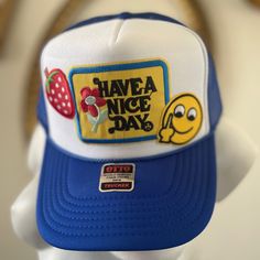 Have A Nice Day Trucker Hat. Happy Face With Middle Finger And Strawberry. Trendy Blue Trucker Hat For Vacation, Trendy Blue Trucker Hat, Playful Blue Trucker Hat For Summer, Fun Blue Trucker Hat For Vacation, Playful Blue Summer Trucker Hat, Retro Blue Bucket Hat, Blue Fun Trucker Hat For Spring, Retro Blue Trucker Hat For Beach, Blue Trucker Hat For Spring Vacation