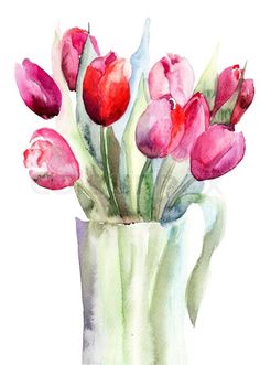 watercolor painting of pink and red tulips in a vase on white background