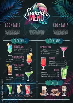 a summer menu with cocktails and drinks