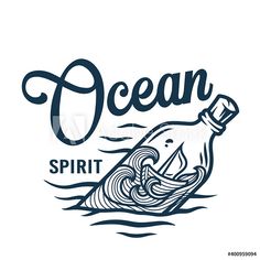 the message ocean spirit with a ship in a bottle floating on waves, hand drawn lettering