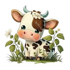 a cartoon cow sitting in the grass with flowers on it's head and ears