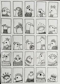 an image of birds in squares drawn by hand with pen and ink on white paper