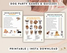 the dogs party games and quizzes are on display in front of a beige background