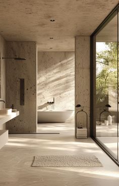 a bathroom with a large bathtub next to a sink