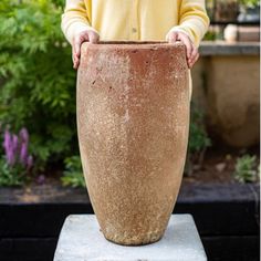 a person holding a large clay vase in their hands