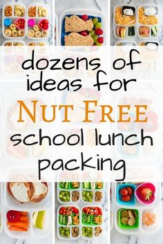 several different lunch boxes with the words dozers of ideas for nut - free school lunch packing