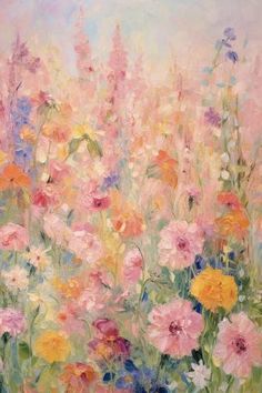 a painting of colorful flowers in a field